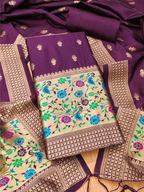 Generic Women's Banarasi Silk Printed Unstitched Salwar Suit Material With Dupatta (Wine, 3Mtrs)