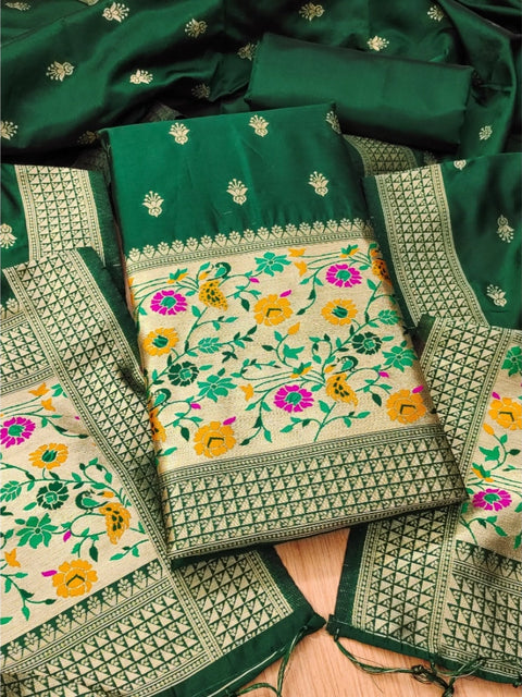 Generic Women's Banarasi Silk Printed Unstitched Salwar Suit Material With Dupatta (Bottle Green, 3Mtrs)