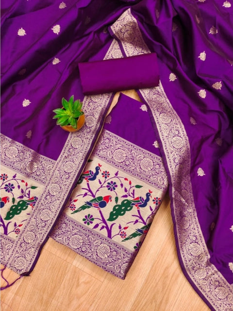 Generic Women's Banarasi Silk Printed Unstitched Salwar Suit Material With Dupatta (Purple, 3Mtrs)