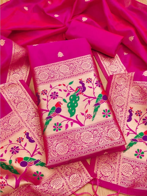 Generic Women's Banarasi Silk Printed Unstitched Salwar Suit Material With Dupatta (Pink, 3Mtrs)