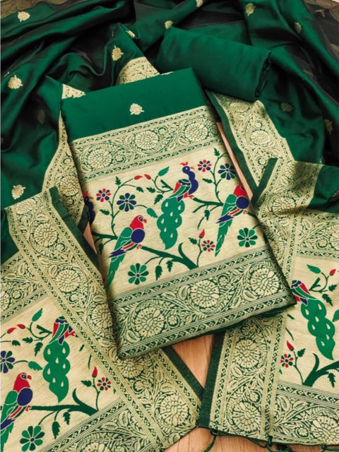 Generic Women's Banarasi Silk Printed Unstitched Salwar Suit Material With Dupatta (Bottle Green, 3Mtrs)