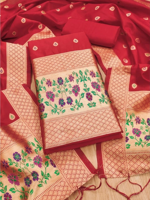 Generic Women's Banarasi Silk Printed Unstitched Salwar Suit Material With Dupatta (Red, 3Mtrs)