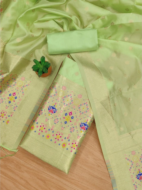 Generic Women's Banarasi Silk Printed Unstitched Salwar Suit Material With Dupatta (Pista, 3Mtrs)