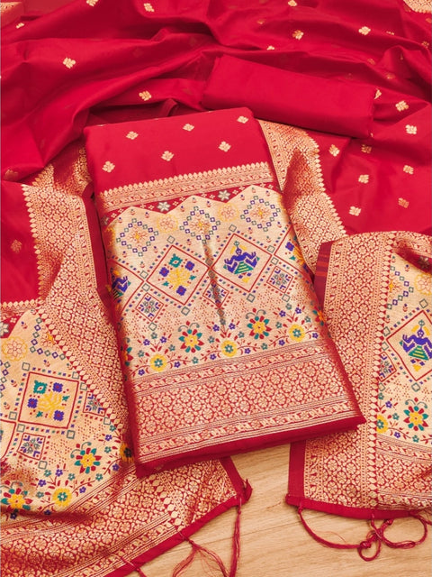 Generic Women's Banarasi Silk Printed Unstitched Salwar Suit Material With Dupatta (Red, 3Mtrs)