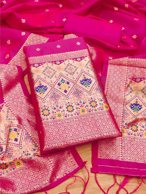 Generic Women's Banarasi Silk Printed Unstitched Salwar Suit Material With Dupatta (Pink, 3Mtrs)