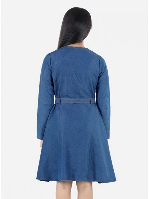 Generic Girl's Denim Solid Long Sleeve Round Neck Dress (Blue)