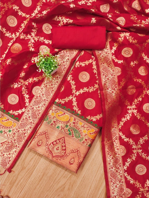 Generic Women's Banarasi Silk Printed Unstitched Salwar Suit Material With Dupatta (Red, 3Mtrs)