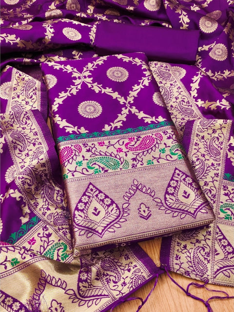Generic Women's Banarasi Silk Printed Unstitched Salwar Suit Material With Dupatta (Purple, 3Mtrs)