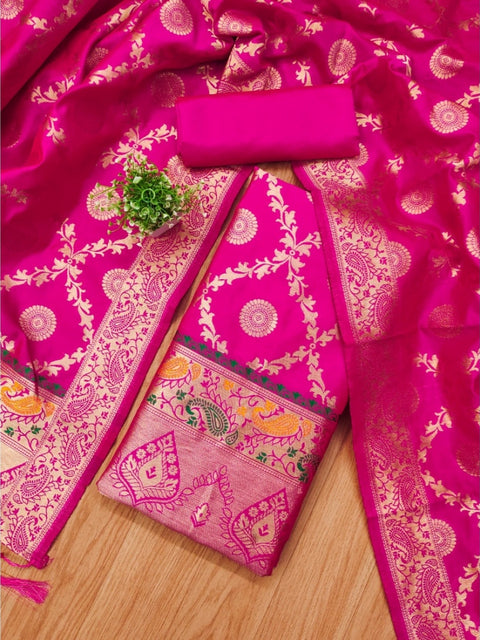 Generic Women's Banarasi Silk Printed Unstitched Salwar Suit Material With Dupatta (Pink, 3Mtrs)