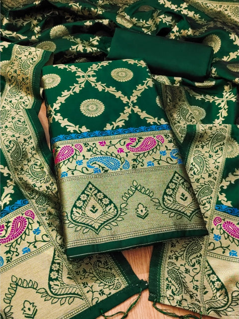 Generic Women's Banarasi Silk Printed Unstitched Salwar Suit Material With Dupatta (Bottle Green, 3Mtrs)