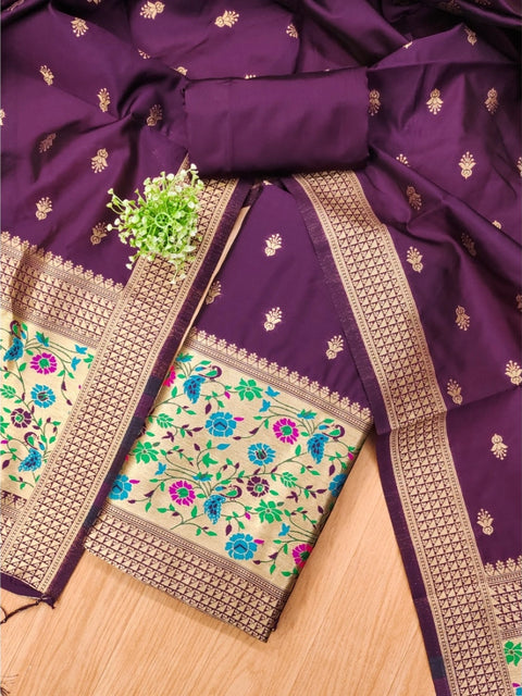 Generic Women's Banarasi Silk Printed Unstitched Salwar Suit Material With Dupatta (Wine, 3Mtrs)