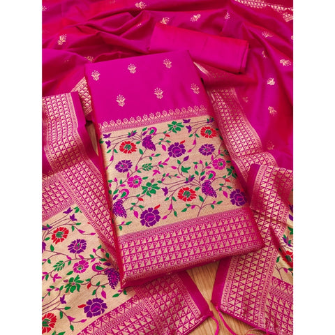 Generic Women's Banarasi Silk Printed Unstitched Salwar Suit Material With Dupatta (Pink, 3Mtrs)