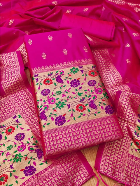 Generic Women's Banarasi Silk Printed Unstitched Salwar Suit Material With Dupatta (Pink, 3Mtrs)