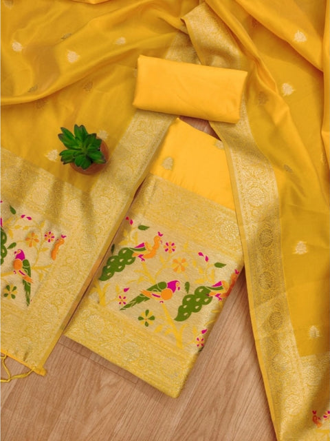 Generic Women's Banarasi Silk Printed Unstitched Salwar Suit Material With Dupatta (Yellow, 3Mtrs)