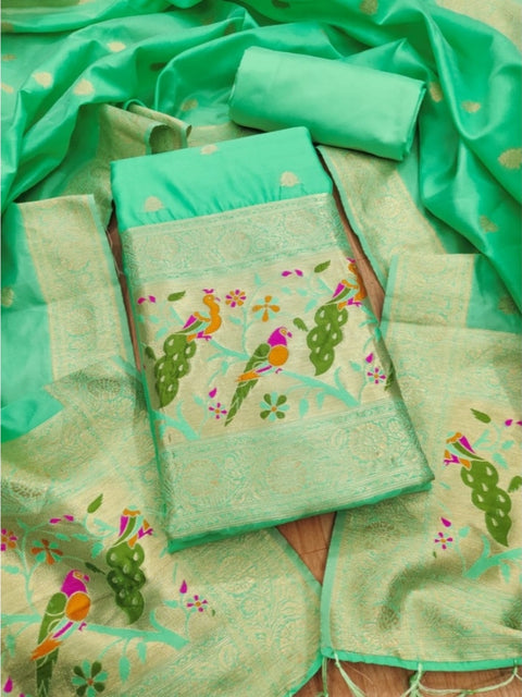 Generic Women's Banarasi Silk Printed Unstitched Salwar Suit Material With Dupatta (Sea Green, 3Mtrs)