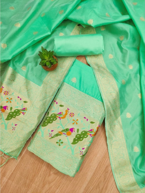 Generic Women's Banarasi Silk Printed Unstitched Salwar Suit Material With Dupatta (Sea Green, 3Mtrs)