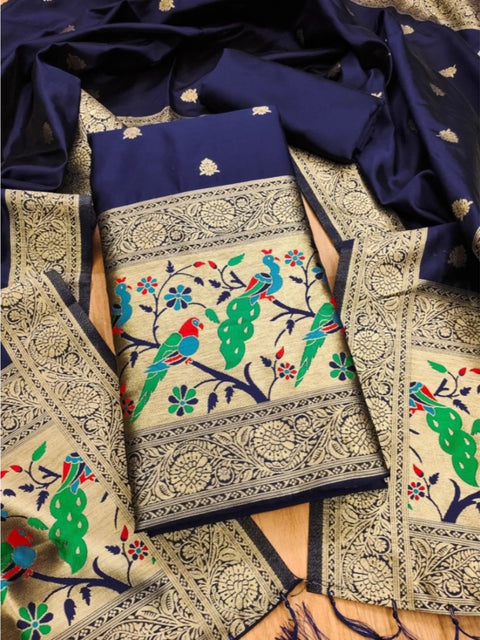 Generic Women's Banarasi Silk Printed Unstitched Salwar Suit Material With Dupatta (Navy Blue, 3Mtrs)