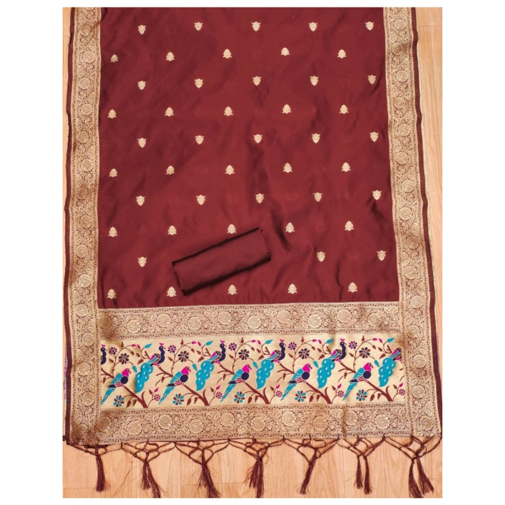 Generic Women's Banarasi Silk Printed Unstitched Salwar Suit Material With Dupatta (Maroon, 3Mtrs)