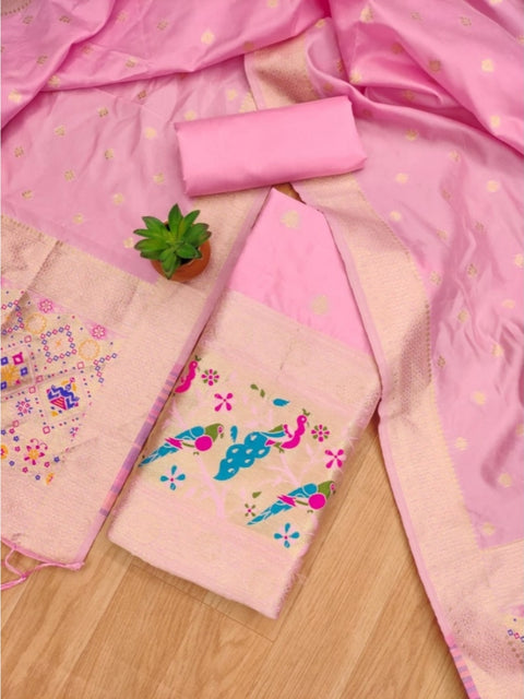 Generic Women's Banarasi Silk Printed Unstitched Salwar Suit Material With Dupatta (Light Pink, 3Mtrs)