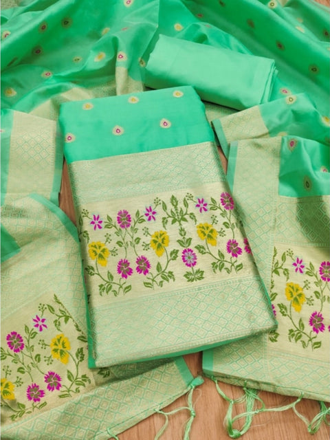 Generic Women's Banarasi Silk Printed Unstitched Salwar Suit Material With Dupatta (Sea Green, 3Mtrs)