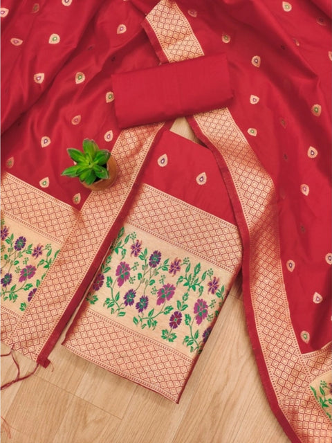 Generic Women's Banarasi Silk Printed Unstitched Salwar Suit Material With Dupatta (Red, 3Mtrs)