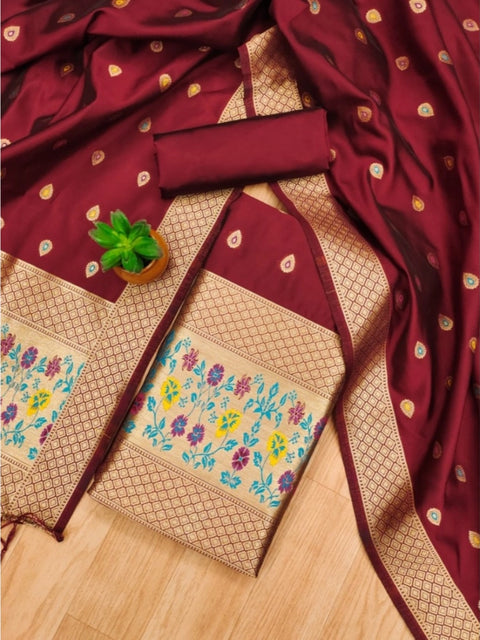 Generic Women's Banarasi Silk Printed Unstitched Salwar Suit Material With Dupatta (Maroon, 3Mtrs)