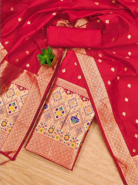 Generic Women's Banarasi Silk Printed Unstitched Salwar Suit Material With Dupatta (Red, 3Mtrs)