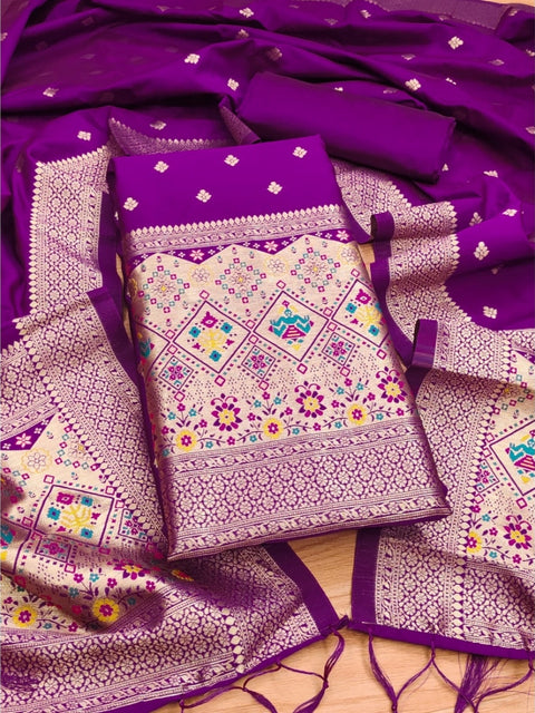 Generic Women's Banarasi Silk Printed Unstitched Salwar Suit Material With Dupatta (Purple, 3Mtrs)