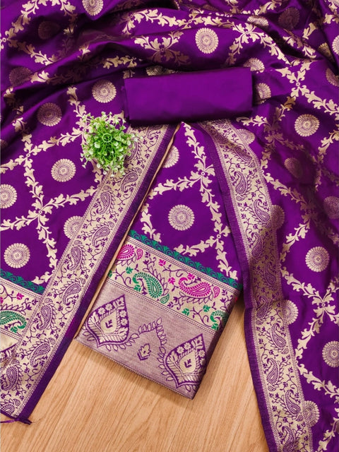 Generic Women's Banarasi Silk Printed Unstitched Salwar Suit Material With Dupatta (Purple, 3Mtrs)