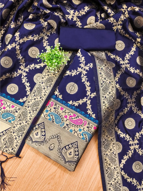 Generic Women's Banarasi Silk Printed Unstitched Salwar Suit Material With Dupatta (Navy Blue, 3Mtrs)