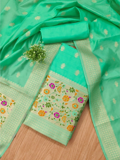 Generic Women's Banarasi Silk Printed Unstitched Salwar Suit Material With Dupatta (Sea Green, 3Mtrs)
