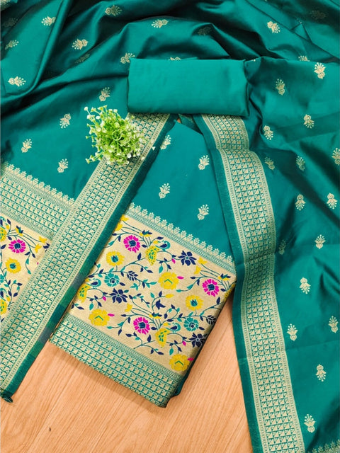 Generic Women's Banarasi Silk Printed Unstitched Salwar Suit Material With Dupatta (Rama, 3Mtrs)
