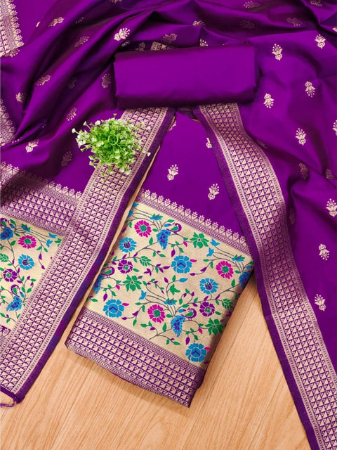 Generic Women's Banarasi Silk Printed Unstitched Salwar Suit Material With Dupatta (Purple, 3Mtrs)