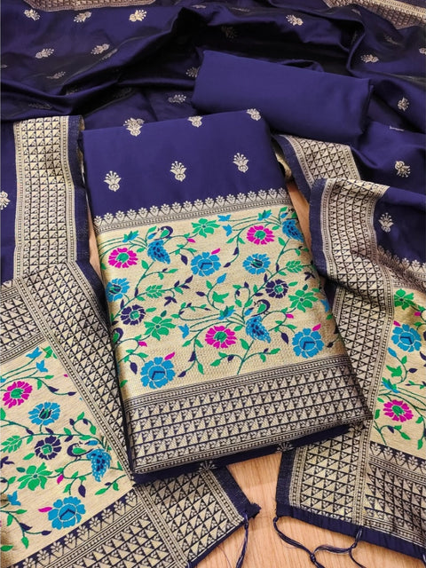 Generic Women's Banarasi Silk Printed Unstitched Salwar Suit Material With Dupatta (Navy Blue, 3Mtrs)
