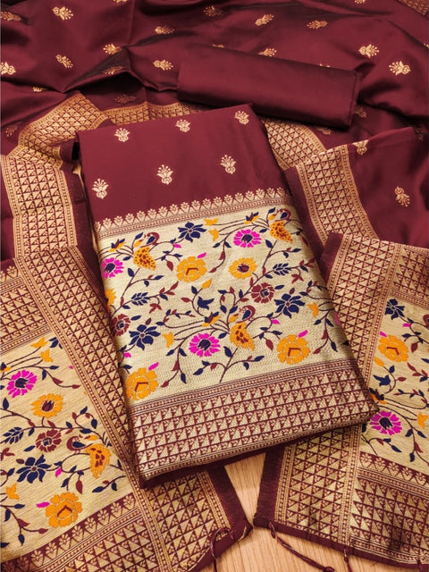Generic Women's Banarasi Silk Printed Unstitched Salwar Suit Material With Dupatta (Maroon, 3Mtrs)