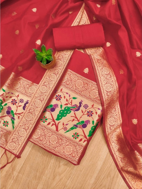Generic Women's Banarasi Silk Printed Unstitched Salwar Suit Material With Dupatta (Red, 3Mtrs)