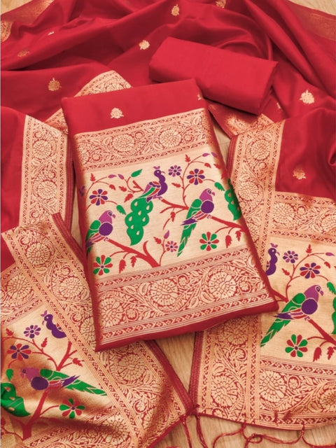 Generic Women's Banarasi Silk Printed Unstitched Salwar Suit Material With Dupatta (Red, 3Mtrs)