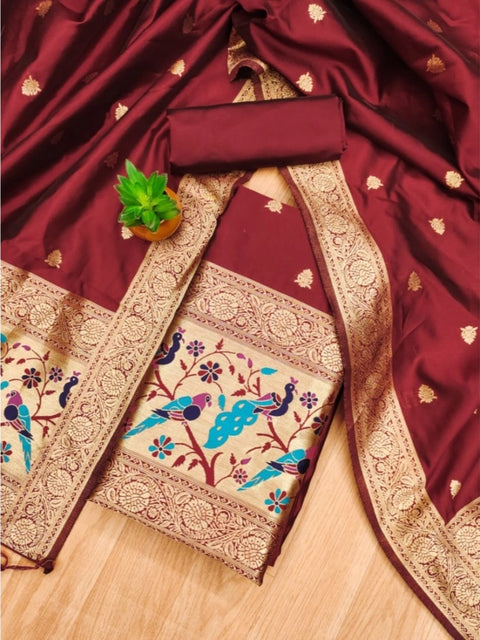 Generic Women's Banarasi Silk Printed Unstitched Salwar Suit Material With Dupatta (Maroon, 3Mtrs)