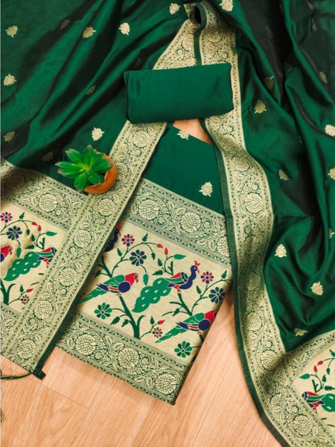 Generic Women's Banarasi Silk Printed Unstitched Salwar Suit Material With Dupatta (Bottle Green, 3Mtrs)