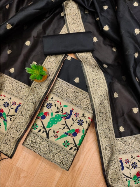Generic Women's Banarasi Silk Printed Unstitched Salwar Suit Material With Dupatta (Black, 3Mtrs)