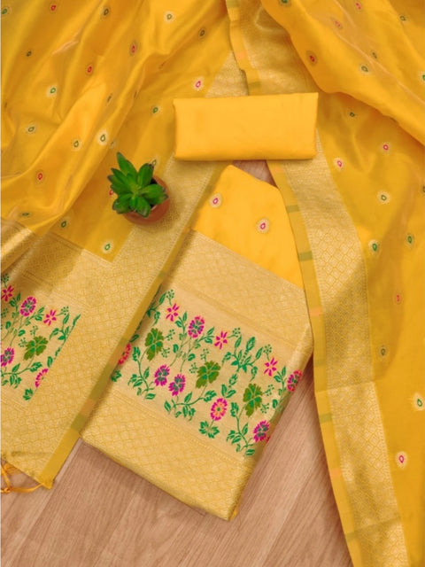 Generic Women's Banarasi Silk Printed Unstitched Salwar Suit Material With Dupatta (Yellow, 3Mtrs)
