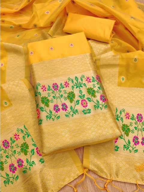 Generic Women's Banarasi Silk Printed Unstitched Salwar Suit Material With Dupatta (Yellow, 3Mtrs)