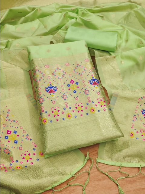 Generic Women's Banarasi Silk Printed Unstitched Salwar Suit Material With Dupatta (Pista, 3Mtrs)