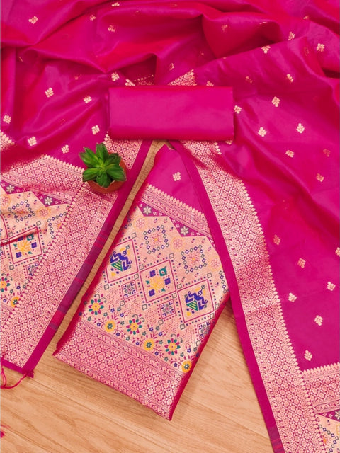 Generic Women's Banarasi Silk Printed Unstitched Salwar Suit Material With Dupatta (Pink, 3Mtrs)