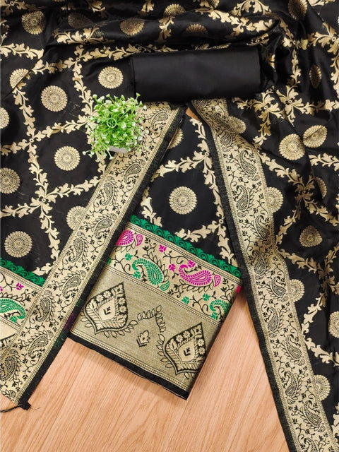 Generic Women's Banarasi Silk Printed Unstitched Salwar Suit Material With Dupatta (Black, 3Mtrs)