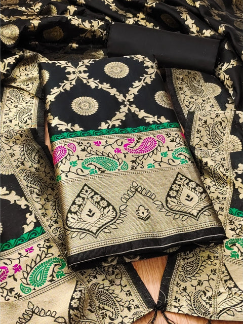 Generic Women's Banarasi Silk Printed Unstitched Salwar Suit Material With Dupatta (Black, 3Mtrs)