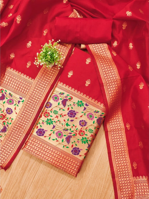 Generic Women's Banarasi Silk Printed Unstitched Salwar Suit Material With Dupatta (Red, 3Mtrs)