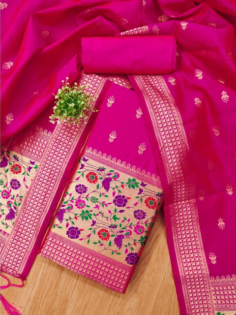 Generic Women's Banarasi Silk Printed Unstitched Salwar Suit Material With Dupatta (Pink, 3Mtrs)