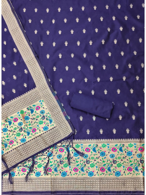 Generic Women's Banarasi Silk Printed Unstitched Salwar Suit Material With Dupatta (Navy Blue, 3Mtrs)