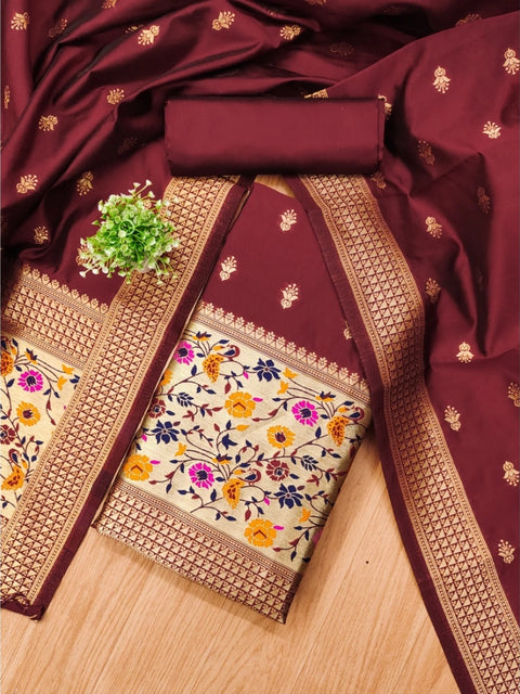 Generic Women's Banarasi Silk Printed Unstitched Salwar Suit Material With Dupatta (Maroon, 3Mtrs)